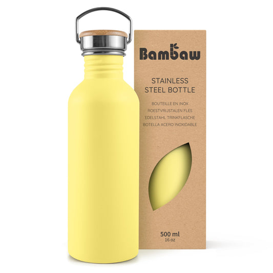 Bambaw Stainless Steel Water Bottles 16 oz, Yellow Water Bottle Stainless Steel, Non Insulated Water Bottle BPA Free, 16 oz Water Bottle with Handle, Reusable Water Bottle for School – Yellow Beam