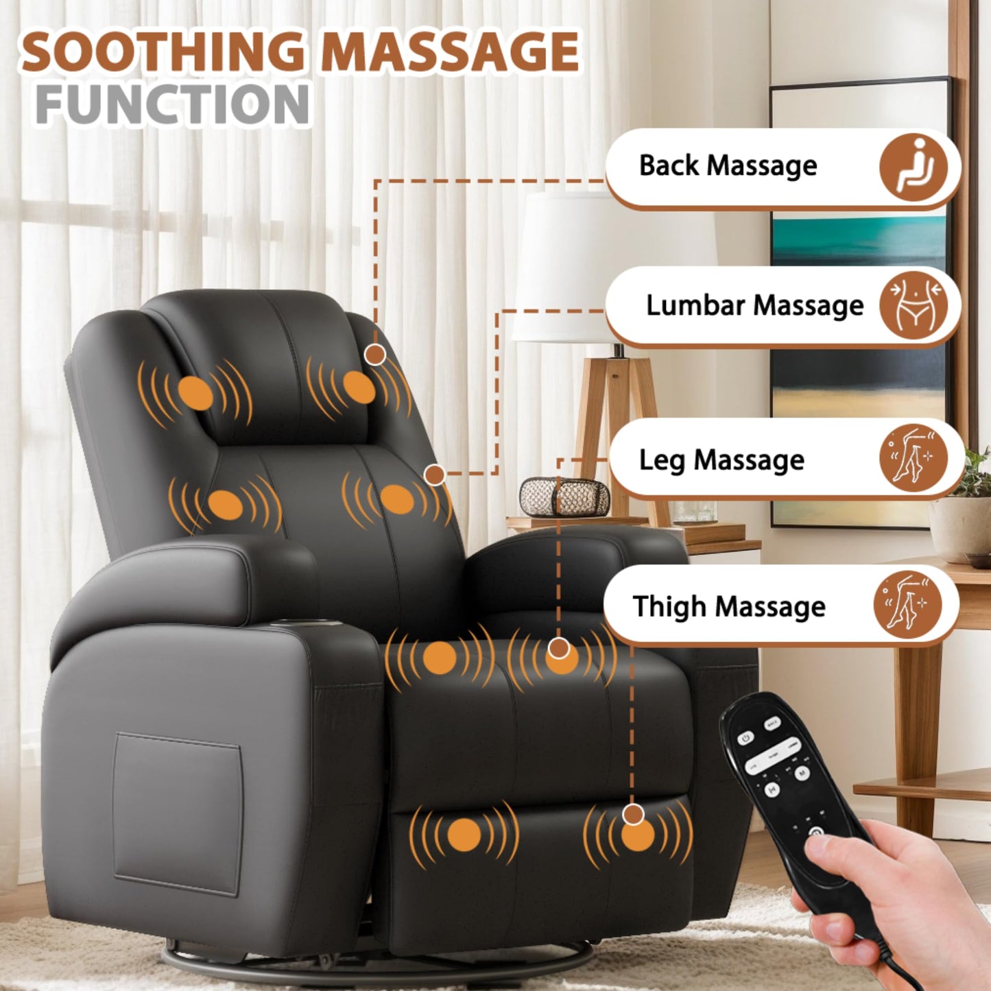 Flamaker Swivel Rocker Recliner Chair with Vibration Massage, 360° Swivel Recliner Chairs for Adults Ergonomic Lounge Chair with Cup Holders Lazy Boy Recliner Single Sofa Seat (Leather, Black)