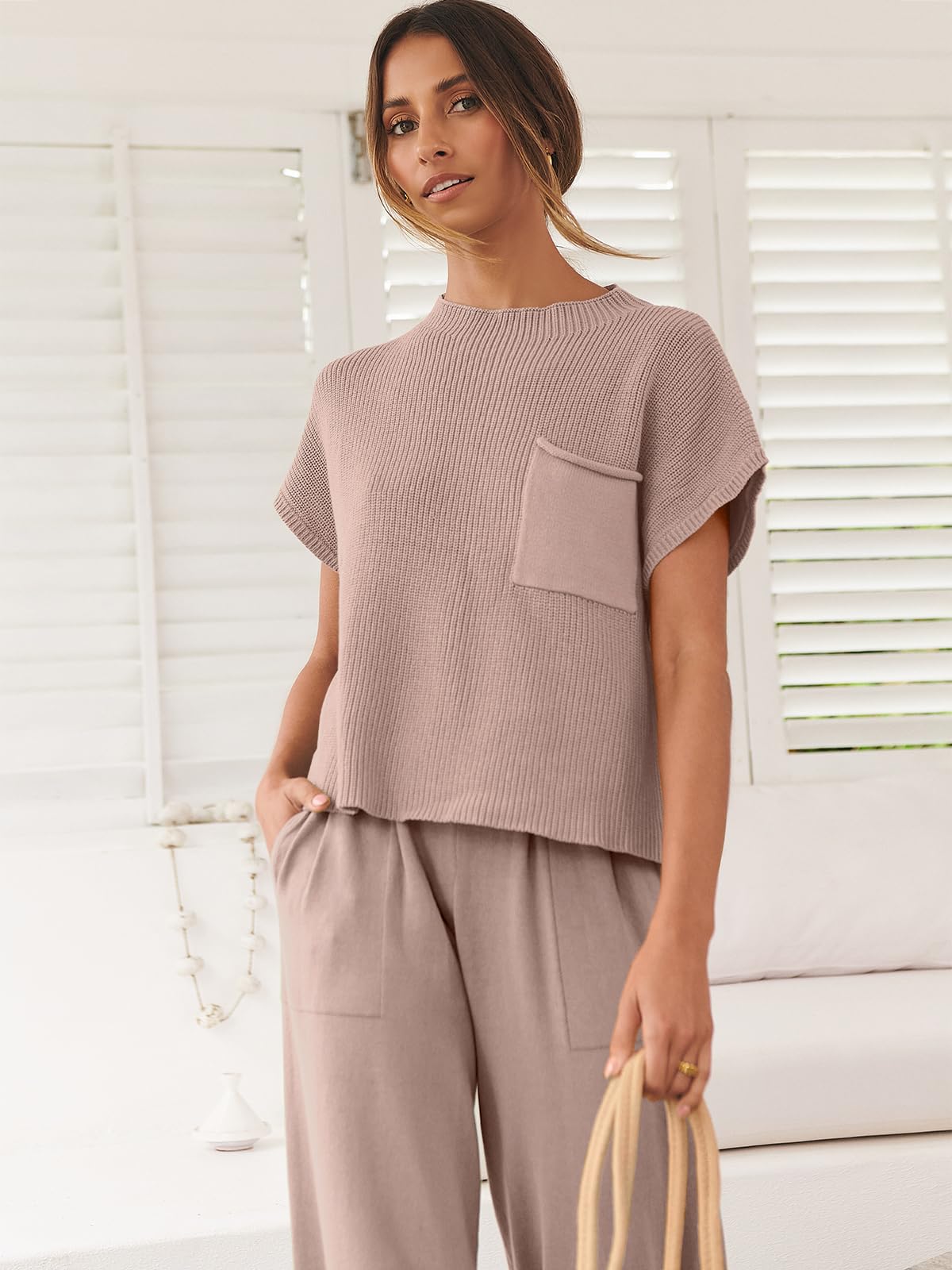 ANRABESS Women's Two Piece Outfits Knit Sweater Pullover Crop Top & Pants Lounge Matching Tracksuit Sweatsuit Sets 2024 Trendy Loungewear Clothes Light Pink X-Small