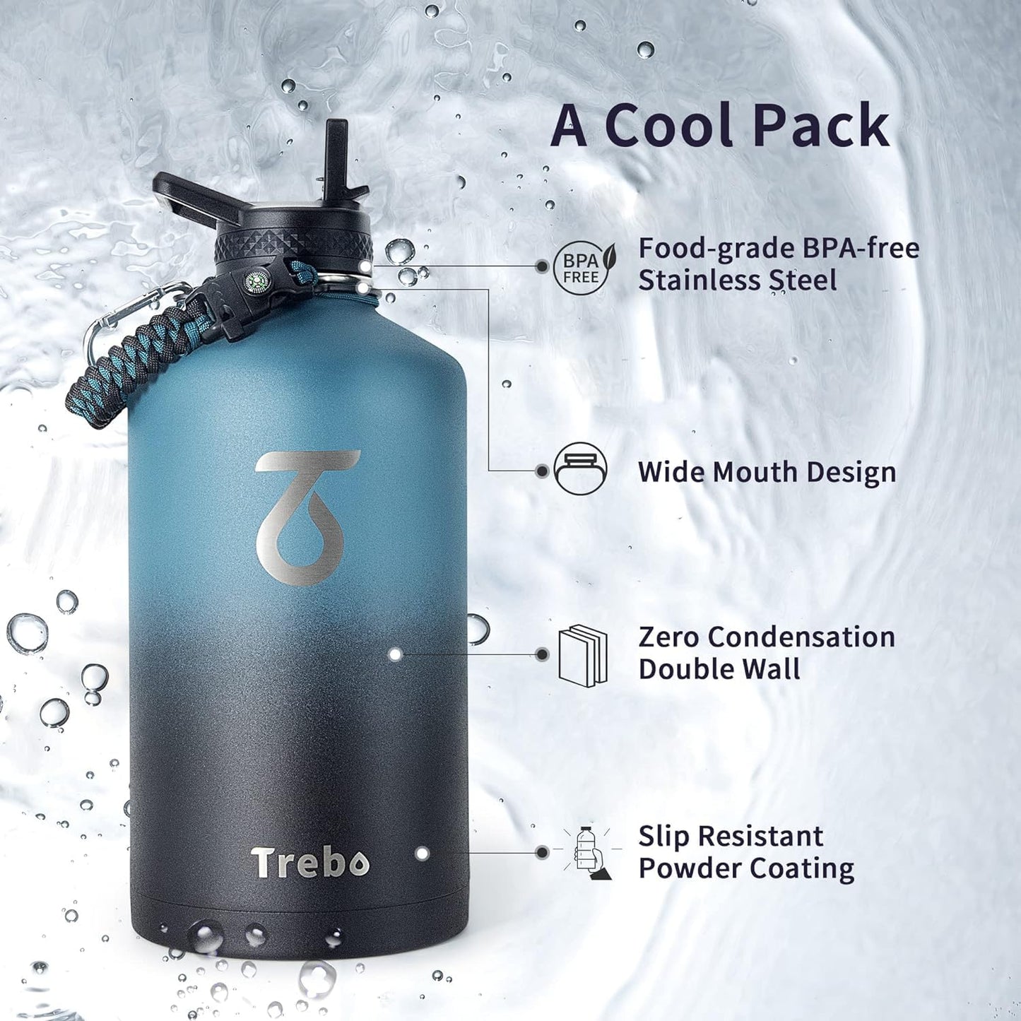 Trebo One Gallon Water Bottle Insulated with Paracord Handle,128oz Stainless Steel Sports Large Jug,Food-grade Double Wall Vacuum with Straw Spout Handle Lids, Leakproof Keep Cold & Hot, Indigo Black