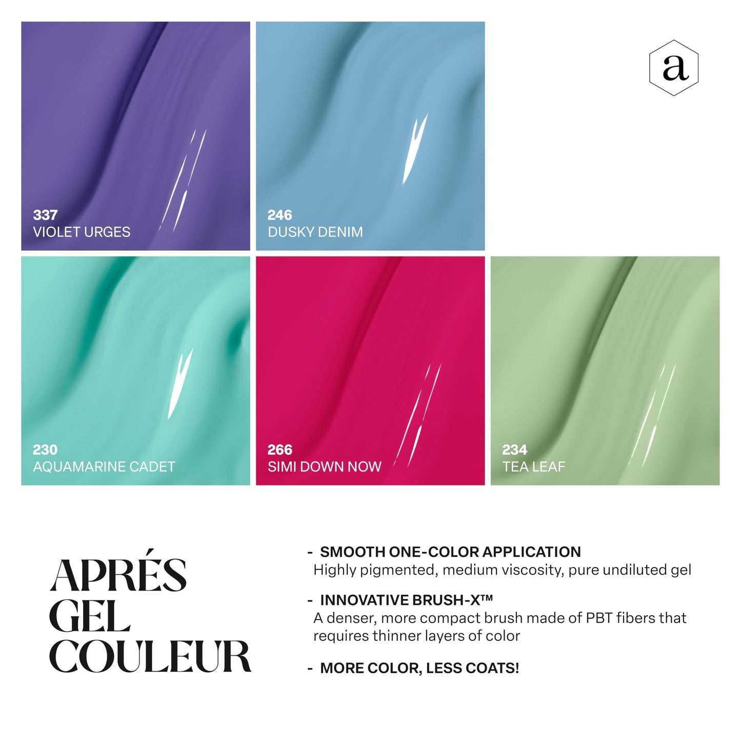 Apres Gel Couleur Combo Set, 5 Color Gel Nail Polish, Bright Nude Pastel Colors with Brush-X Nail Art Brush, 2024 Edition (Set 9)