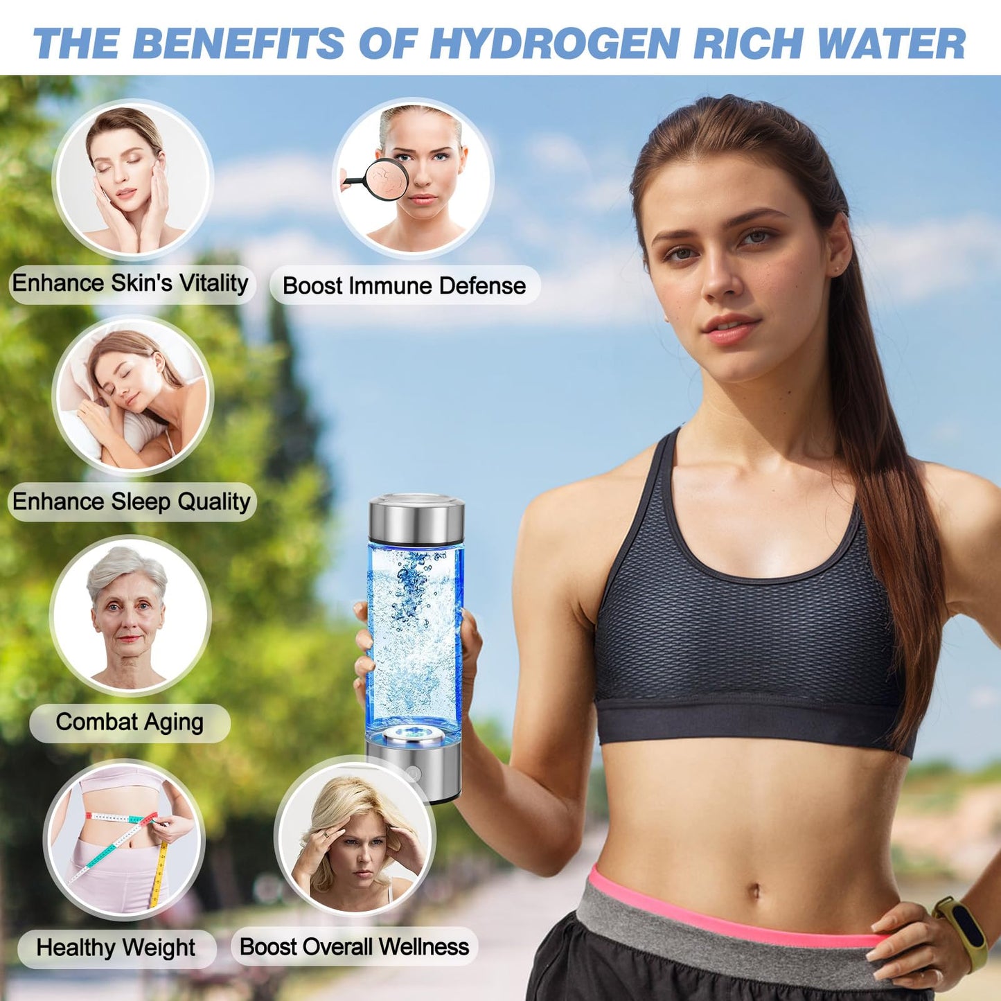 YTYOMUR 2025 New Hydrogen Water Bottle, Rechargeable Hydrogen-Rich Water Generator Machine with SPE PEM Technology,for Home Office Travel Fitness Drinking, Portable, Glass, Stainless Steel, 450ml