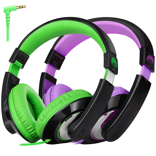 rockpapa Comfort Kids Headphones for School, Lightweight Childrens Boys Girls Teens Over-Ear Headphones Wired 3.5mm for CD DVD Player Tablet Phone Travel Black/Green+Black/Purple