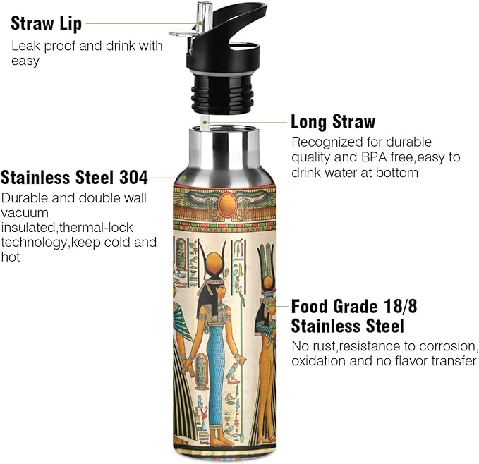 Blueangle 32 OZ Queen Of Egypt Water Bottle with Straw, Sports Water Bottle BPA Free Stainless Steel Water Jugs for Gym, Kitchen, Working, Outdoor（27）