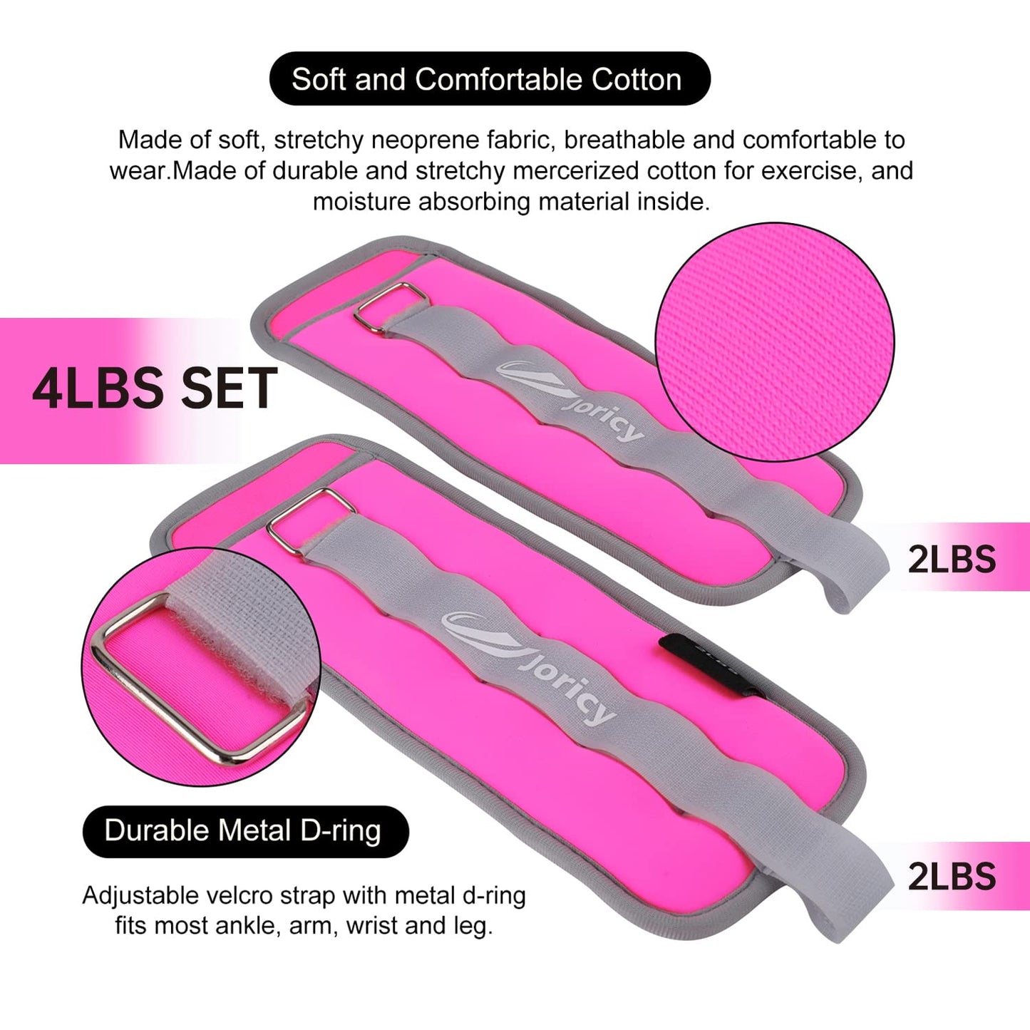 Ankle Weights, 1kg 1 Pair Wrist Leg Arm Weights for Women Men Kids Child with Adjustable Straps, Strength Weighted for Jogging, Running, Walking, Fitness, Gym Workout - Rose Red