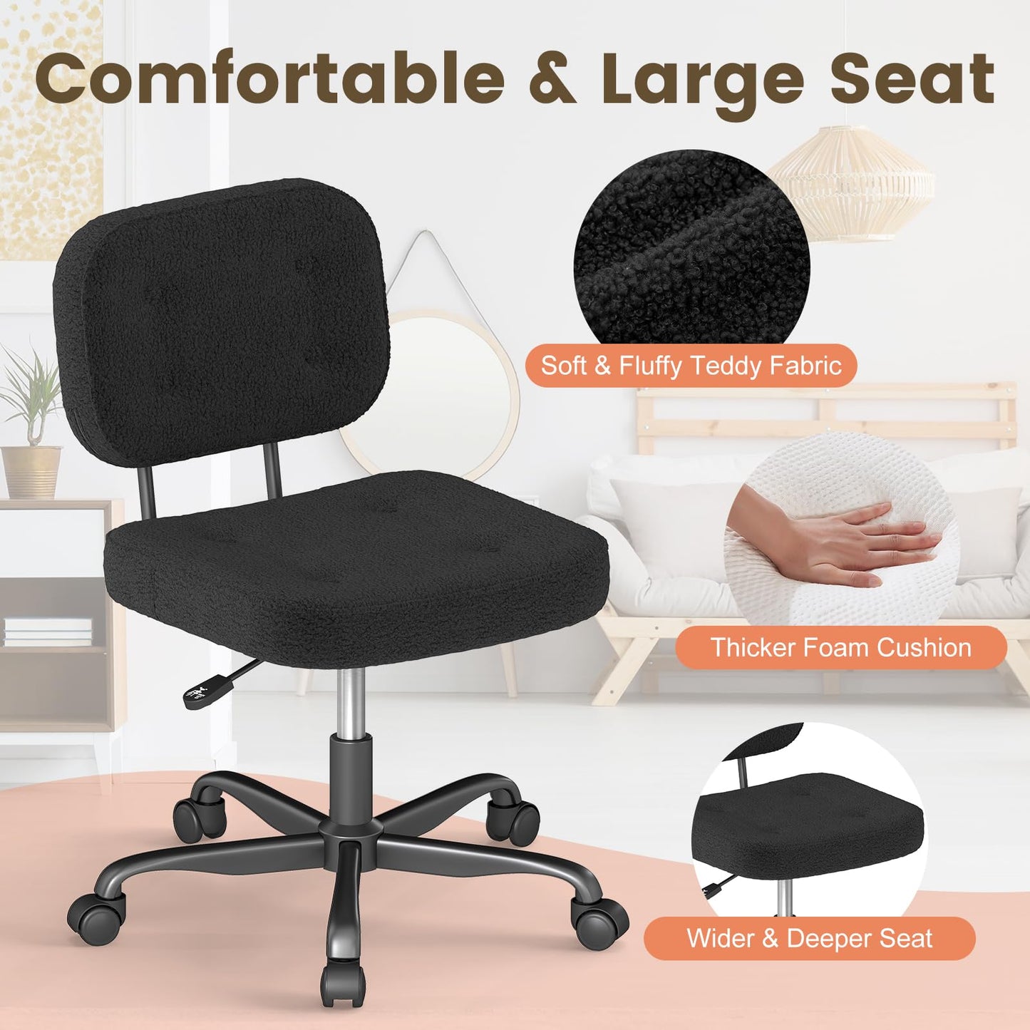 AnyGod Teddy Fleece Armless Home Office Desk Chair, Small Ergonomic Task Chair for Adults and Students, Low Back Seating with Swivel, Adjustable Height, Rolling Wheels - Black