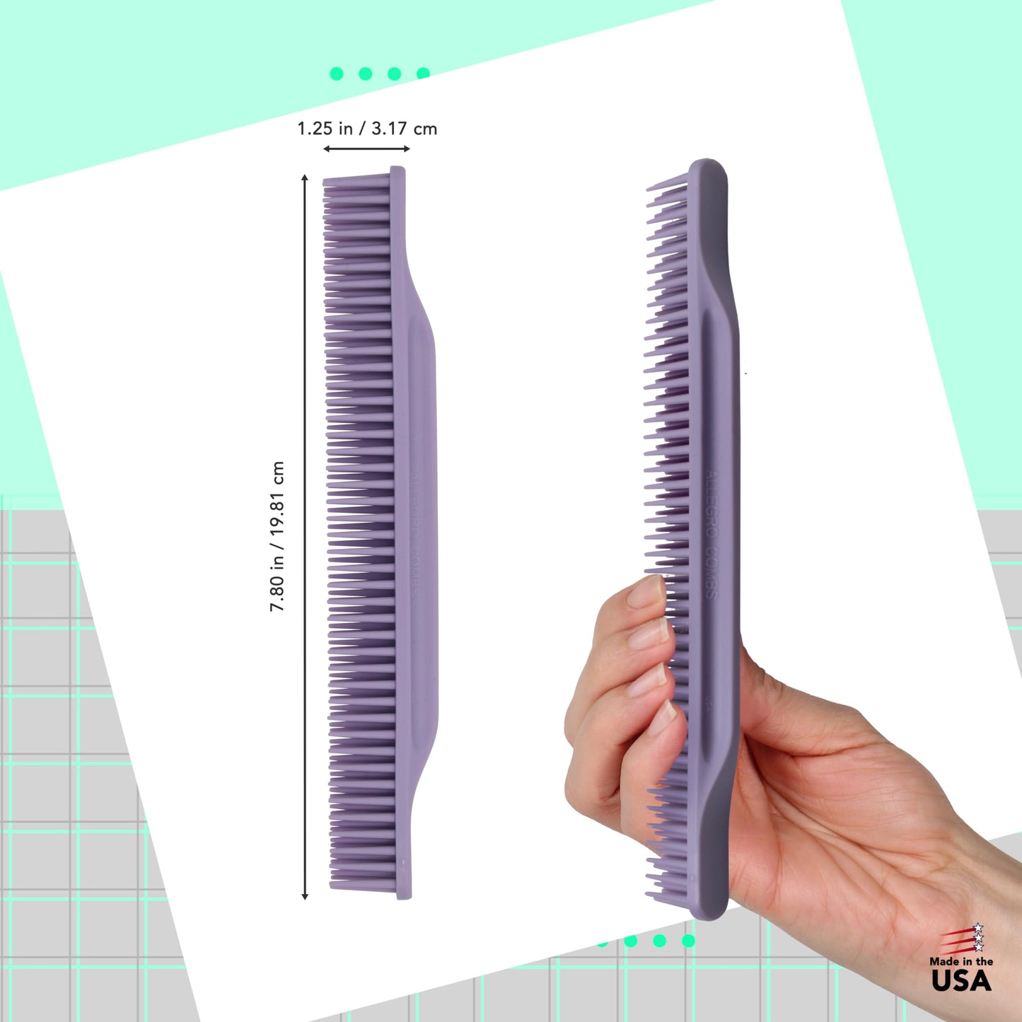 Allegro Combs 3-Row Detangling Comb, Wide Tooth Curl Defining Brush, Perfect for Women Curly Hair Stylists, Curl Defining Comb, Made In The USA, Lavender (#70, 1 Piece)