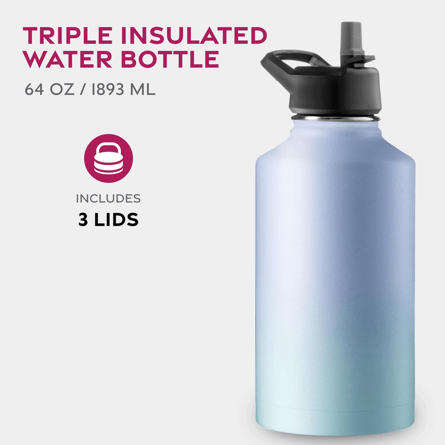 FineDine Triple Walled, Insulated Water Bottles with Straw - 64 Oz Stainless Steel Metal Bottle W/ 3 Leak Proof Lids - For Travel, School, Sports, Gym/Men, Women & Kids - Powder Steel Blue