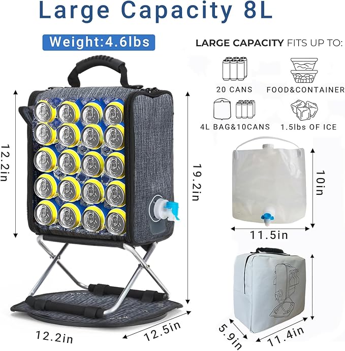 Backpack Cooler Insulated Leak Proof 20 Cans, 2 Ice Packs for Keeping Cool, Collapsible Support Stand with Rotary Bottom Tray for Rotate 360°, Cup Holder Cutlery Set for Camping Lunch