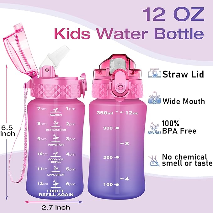 OLDLEY Kids Water Bottle for School, 12 oz (Straw Lid) BPA-Free Reusable Leak-proof Durable Tritan Plastic Water Bottles with One-handed Opening Straw Lids, Anti-dust Spout Cover (Rosepurple)