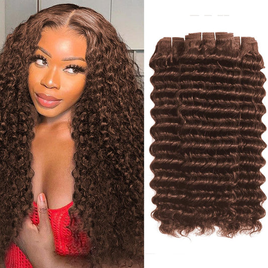 ALLRUN Deep Wave Brown Human Hair Bundles Curly Bundles Chocolate Brown Bundles For Braiding Brazilian Human Hair Bundles Curly Wave Extensions 4# Color 141618 Inch
