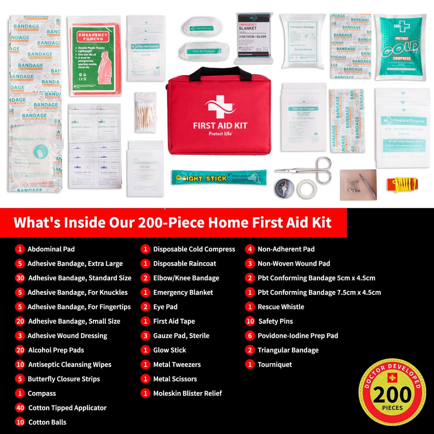 Protect Life First Aid Kit for Home/Business, HSA/FSA Eligible Emergency Kit - Medical First Aid Kit - Camping First Aid Kit Hiking - 200pcs