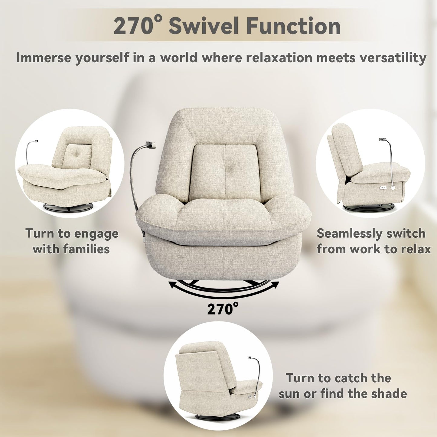 Oversized Power Swivel Rocker Recliner Chair - USB Port, Recliner Chairs for Adults, Reclining with Phone Holder, Hidden Storage, Designed for Effortless Movie Nights & Relaxation (White)