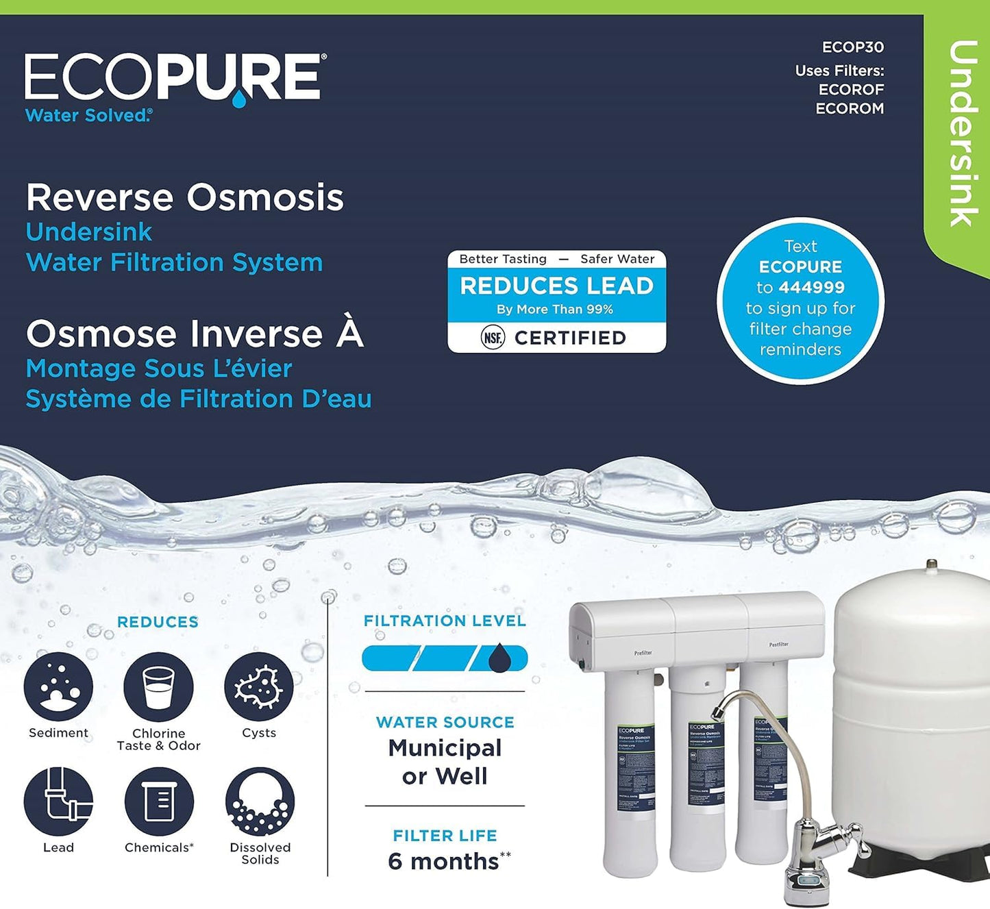 EcoPure Reverse Osmosis Filter and Membrane Set - Includes Membrane ECOROM and Pre/Post Filter Set ECOROF - Includes Reminder Tag - NSF Certified Authentic OEM Parts for ECOP30 RO Unit