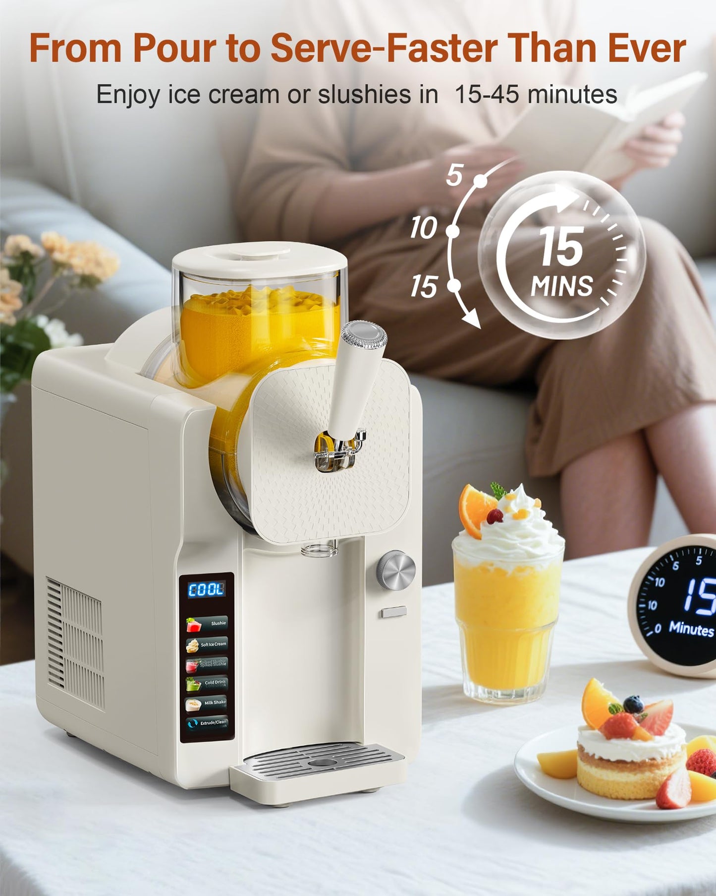 Slush Machine & Ice Cream Maker Machine 2-IN-1, 6 Modes for Smoothies, Milkshakes, Cocktails, Margarita, and Ice Cream, Double-Layer Tank, With Ice Cream Cone Holder, Self-Cleaning, For Home Use