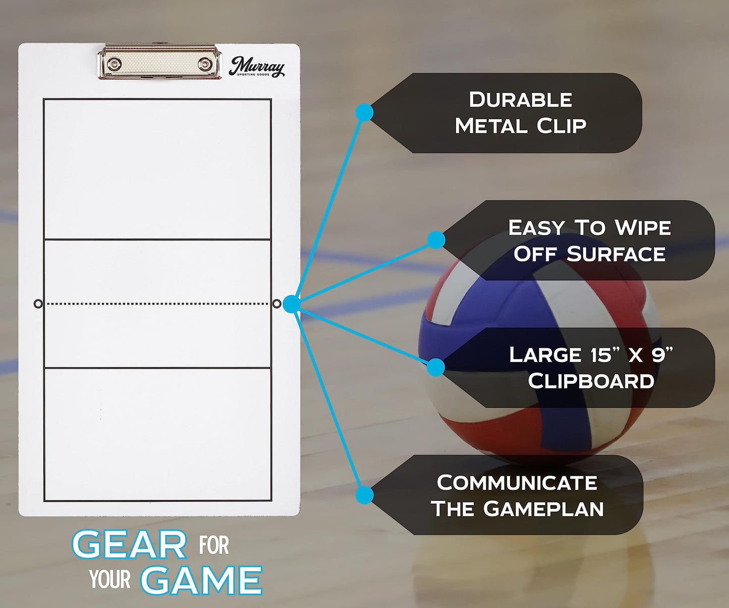 Murray Sporting Goods Dry Erase Coaches Clipboard | Double-Sided Dry Erase White Board (Volleyball)