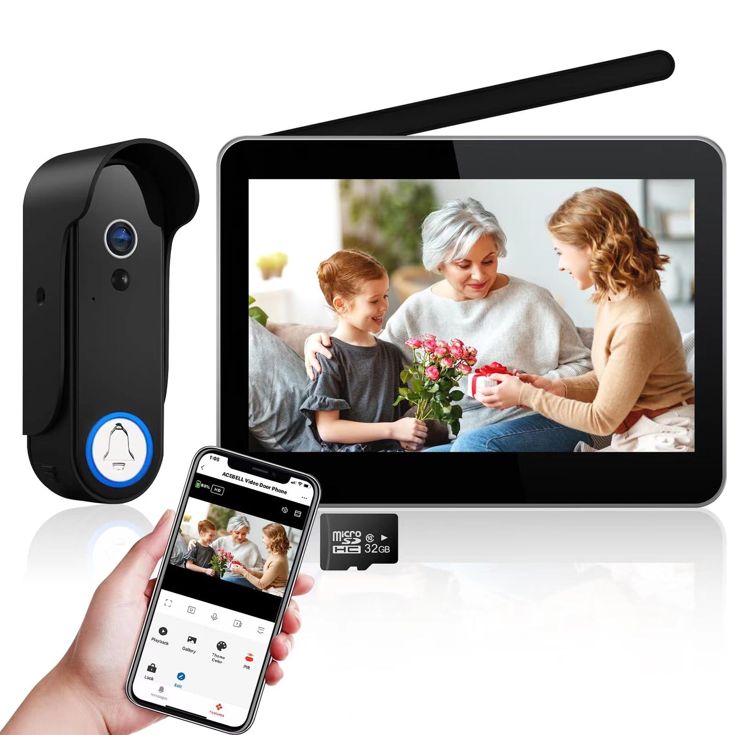 ACEBELL Wireless WiFi Video Doorbell Intercom System, 1080P Video Doorbell Camera with Monitor Wireless, Video Door Phone with 7''Touch Screen, Motion Detection, No Monthly Fees, APP Remote Control