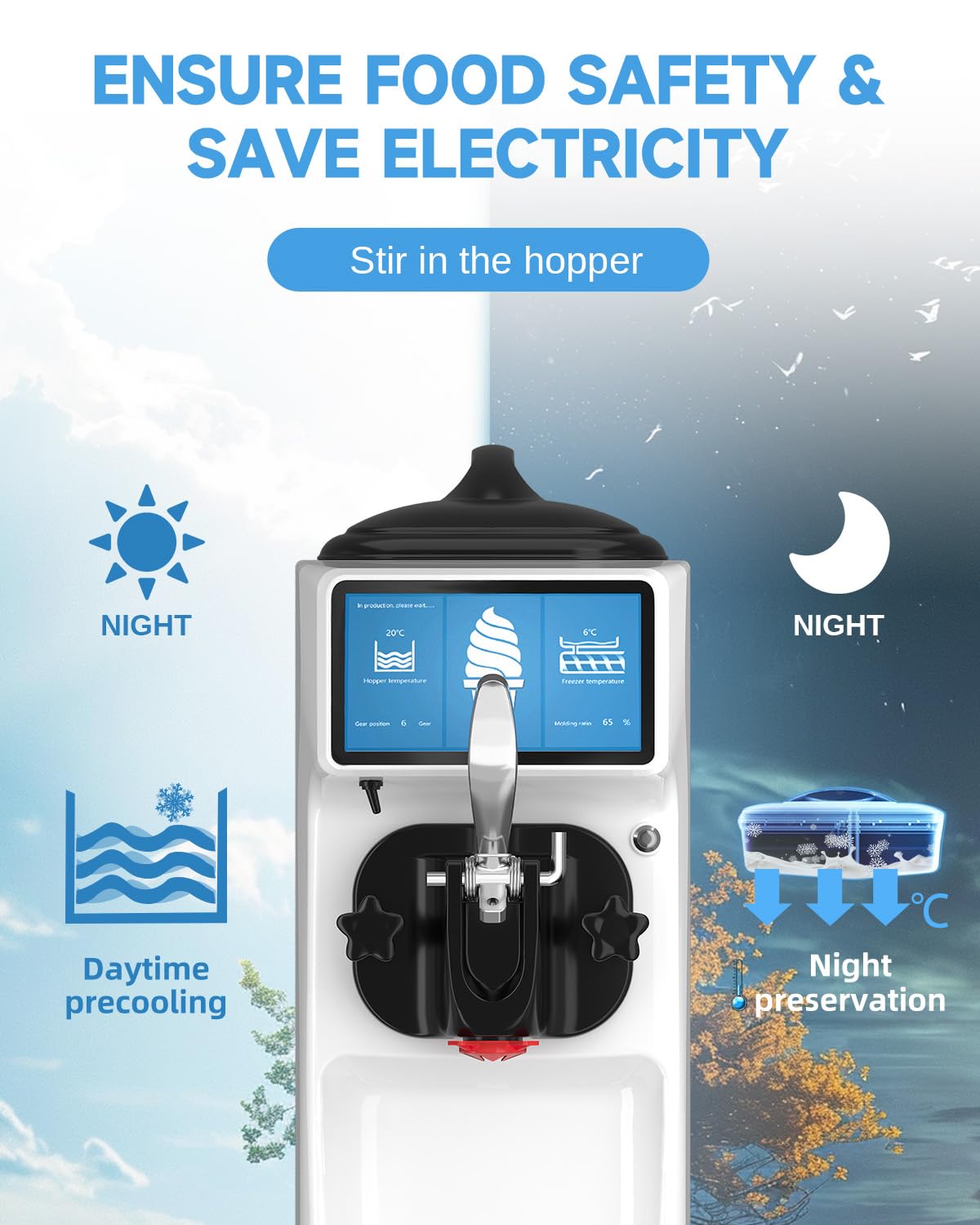 Soft Serve Ice Cream Machine, 7 Inch Screen Ice Cream Maker Machine 4.2 to 4.6 Gal/H Ice Cream Maker Machine with Pre-Cooling Soft Serve Machine with 1.6 Gals Tank for Party Store School Home