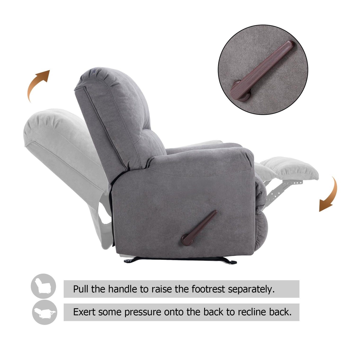 CANMOV Rocker Recliner Chair for Adults,Manual Recliner Chair with Overstuffed Backrest and Armrests, Soft Fabric Manual Rocking Reclining Sofa for Living Room,Grey