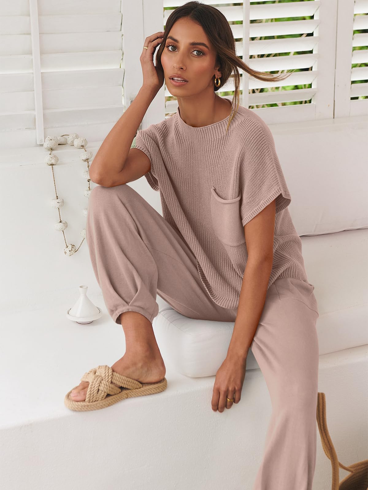 ANRABESS Women's Two Piece Outfits Knit Sweater Pullover Crop Top & Pants Lounge Matching Tracksuit Sweatsuit Sets 2024 Trendy Loungewear Clothes Light Pink X-Small