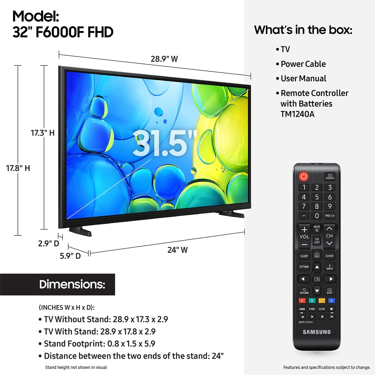 Samsung 32-Inch Class Full HD F6000 Smart TV (2025 Model) HDR, Object Tracking Sound Lite, Knox Security, One UI Tizen, Smart TV