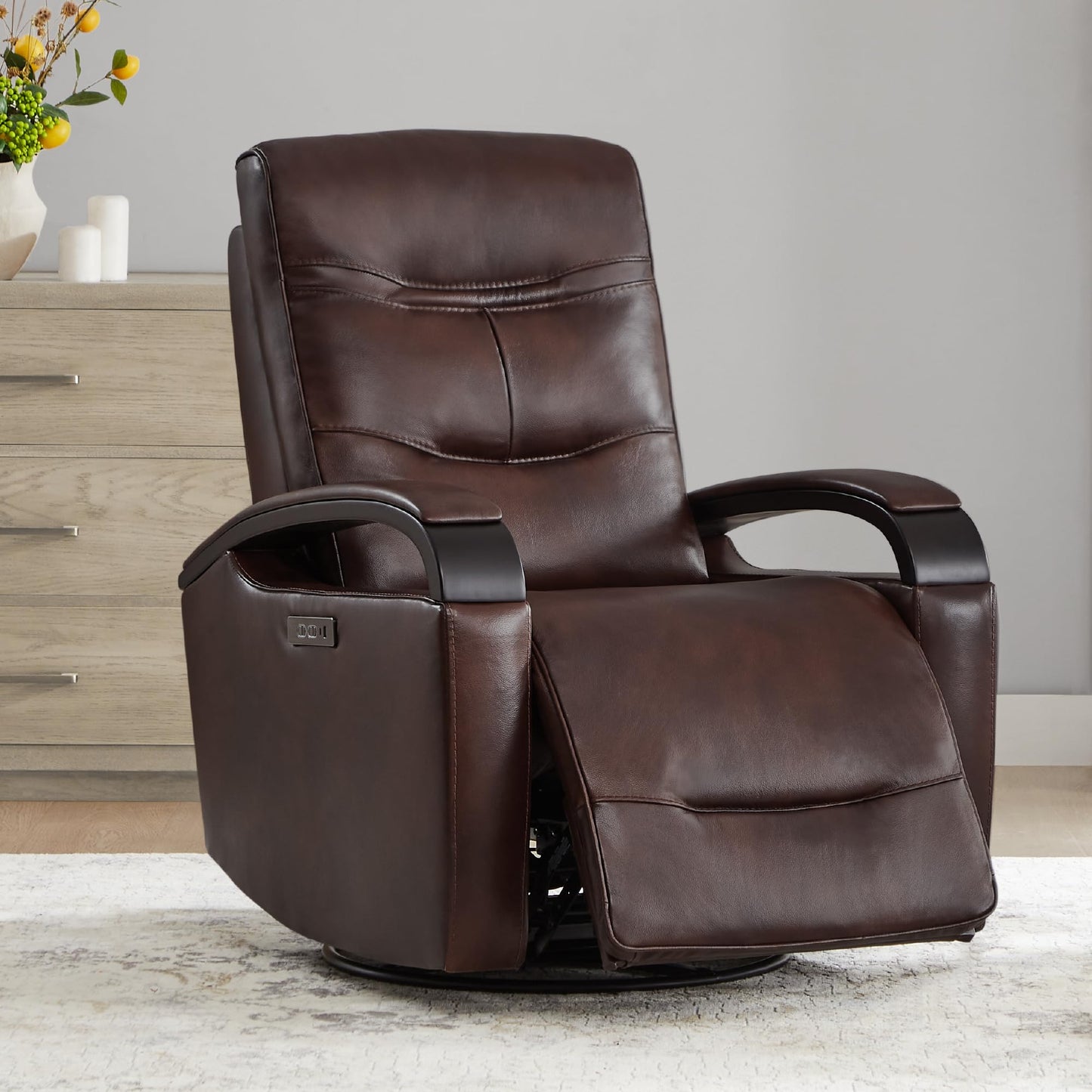 CHITA Genuine Leather Power Swivel Glider Rocker Recliner, FSC Certified Mid Century Modern Recliner Chair for Adults, Adjustable Power Headrest, for Nursery and Living Room, Cognac Brown