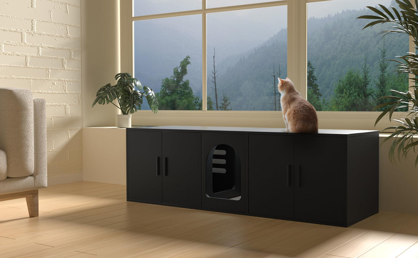 Amunrbrek Double Litter Box Enclosure, Litter Box Enclosure for 2 Litter Boxes, Modern Litter Box Furniture for 2 Cats, with Cat Door & Motion Light (Black)