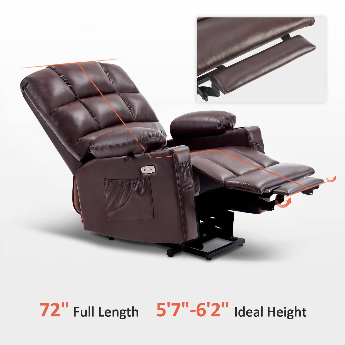 MCombo Large Dual Motor Power Lift Recliner Chair for Elderly, Massage and Heat, Lay Flat, Zero Gravity, Home Button, USB Port, Faux Leather 7680 (Dark Brown, Large)