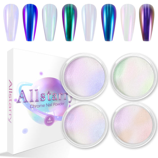 Allstarry White Chrome Nail Powder, 4 PCS Color-Shift Chameleon Chrome Effect Powder Neon Aurora Glitter Dust Iridescent Pearlescent Pearl Pigment for Nail Art Decoration, Gel Polish, Resin Craft