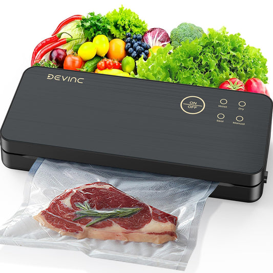 DEVINC Vacuum Sealer Machine, Compact Food Sealer with 10 Vaccum Bags & 1 Bag Roll, Multi-functional Food Vacuum Sealer for Food Storage, Dry & Moist Food Modes with Built-in Cutter, Black