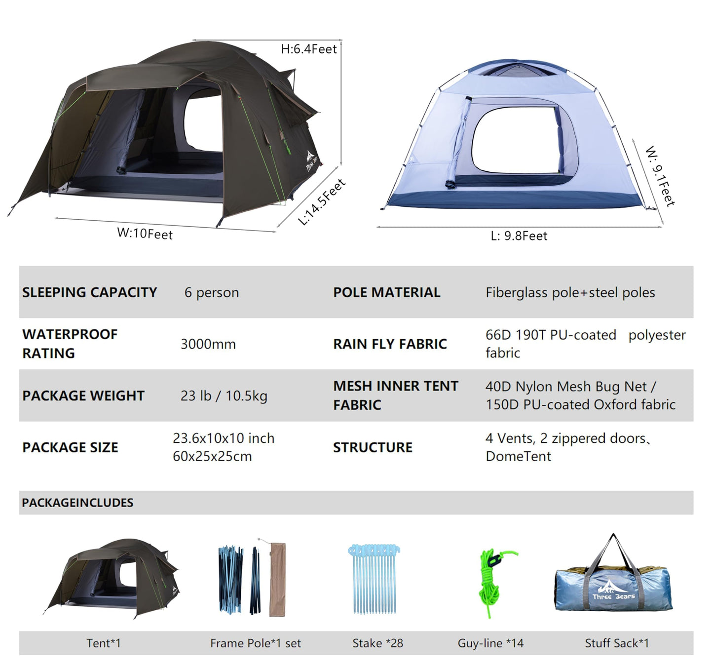 Three Bears Outdoor 6 Person Camping Tent - Waterproof Windproof Double Layer Design - Family and Car Camping - with Carry Bag and Storage Pouch - 76 Inches High (Dark Green)