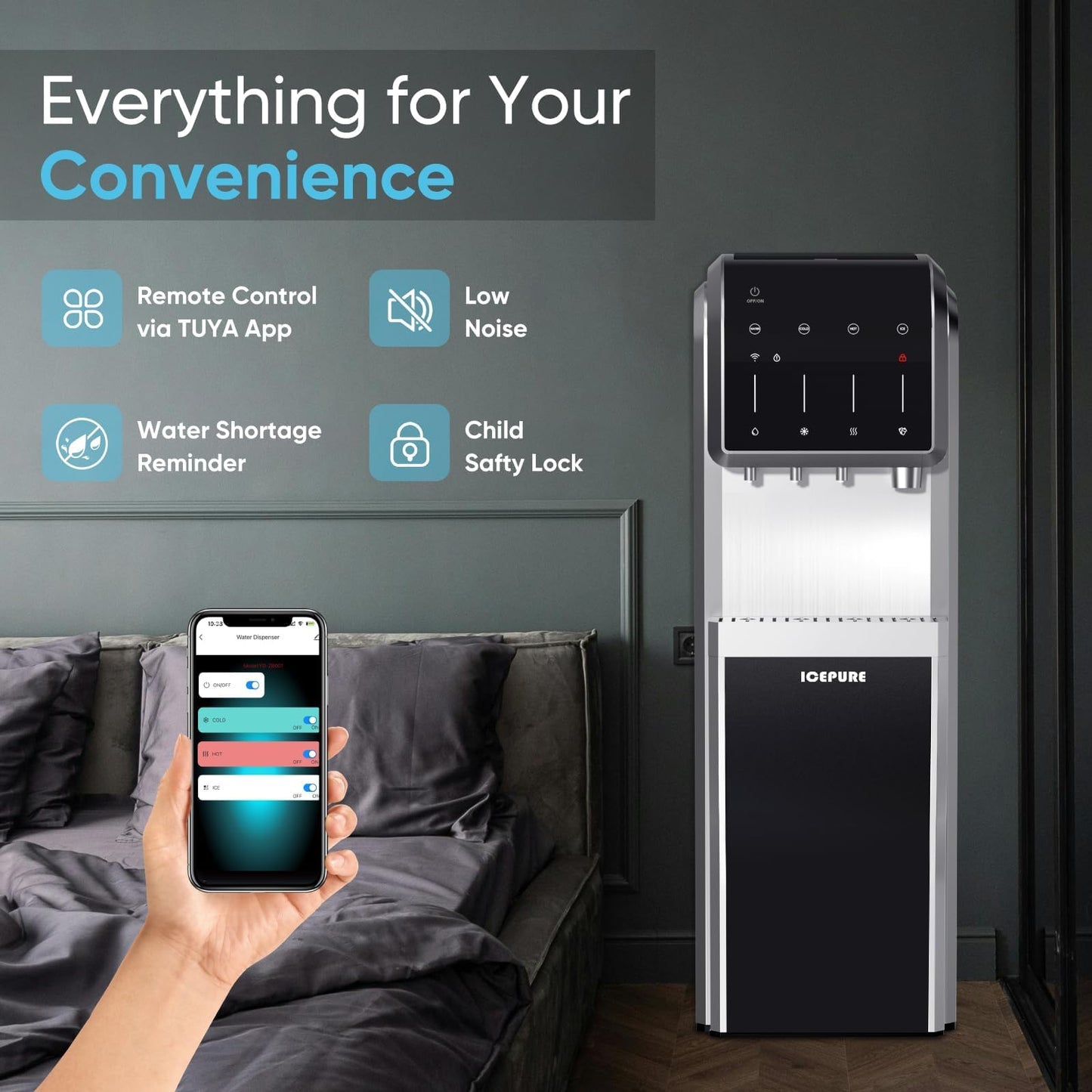 ICEPURE 5-in-1 Water Cooler with Ice Maker, Bottom Load for 5 Gallon Bottle, WIFI, Bullet and Crushed/Chewable Ice, 35lbs/24H, Hot and Cold Water, Water Dispenser Built-in Ice Machine, Stainless Steel