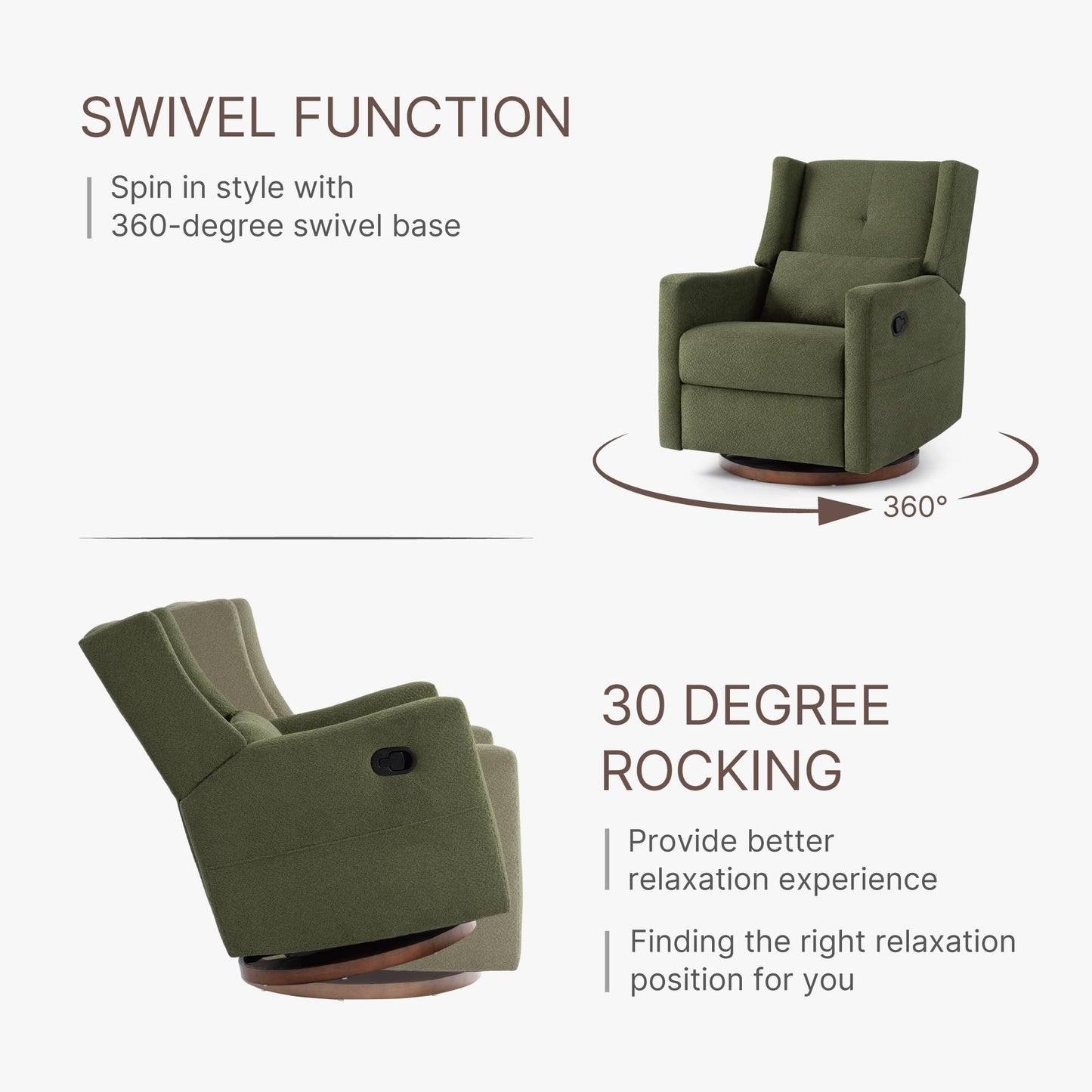 KISLOT Upholstered Recliner Swivel Glider Nursery Chair Reclining Performance Fabric Rocker with Wood Base,Boucle,Moss Green