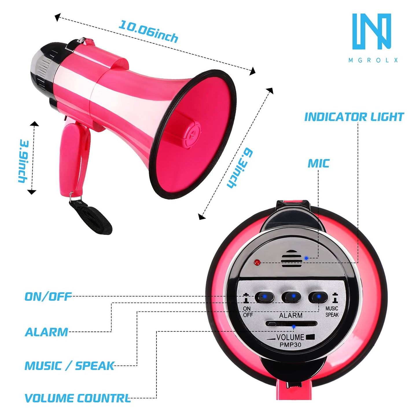 MGROLX Portable Megaphone Spearker/Bullhorn-with Built-in Siren/Alarm-Music-30 Watt Power & 800 Yard Range-Sliding Volume Adjustment-Powerful and Lightweight-ER46S (Pink, 6.3’’ x 10.0’’)