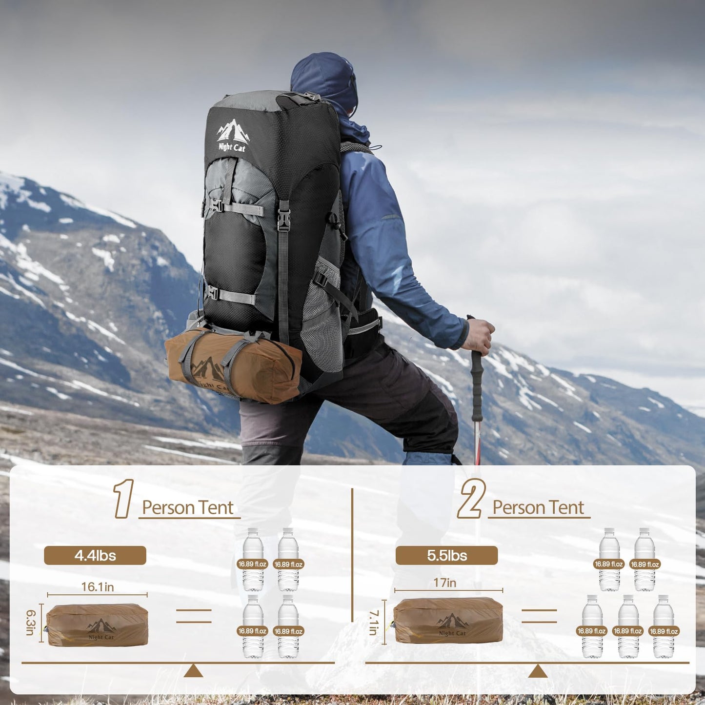 Night Cat Ultralight Backpacking Tent: Waterproof Lightweight Single People Camping Tent for Outdoor Hiking Trekking with Double Layers Aluminum Poles and Footprint 1 Person Khaki