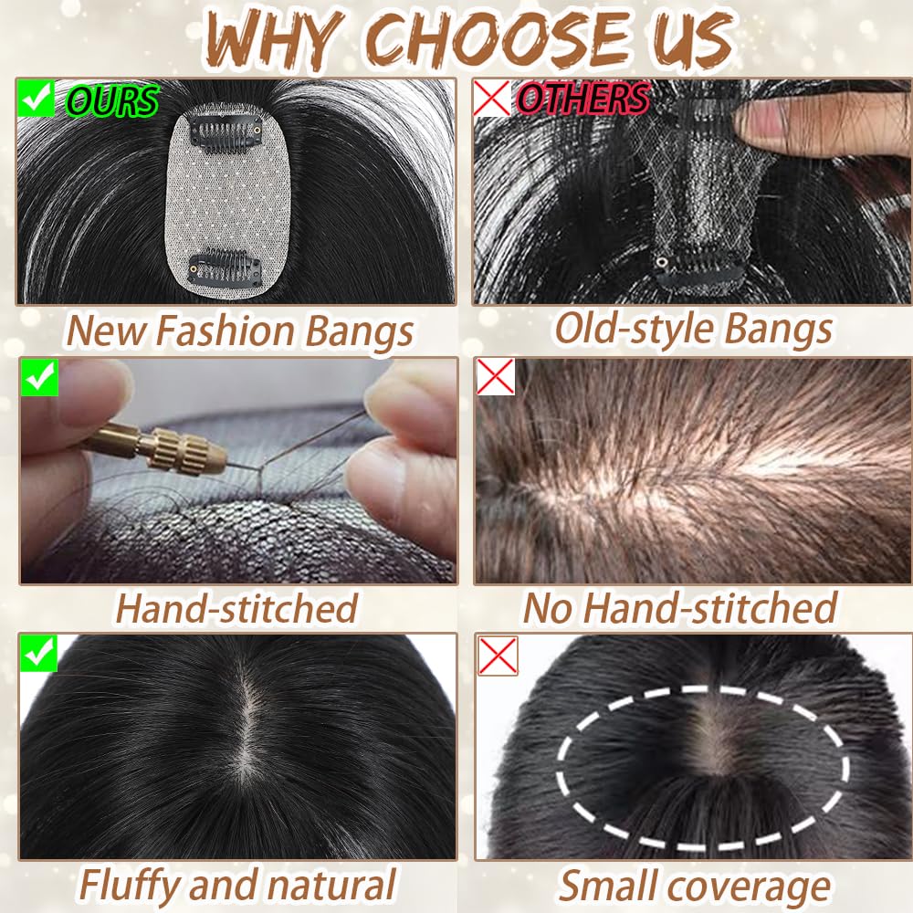 Amchoice Hair Toppers for Women Real Human Hair, Bangs Hair Clip 360° 3D Cover Human Hair Topper with Bangs, Human Hair Toppers for Women Daily (Natural Black, 3D Wispy Bangs (5 * 9))