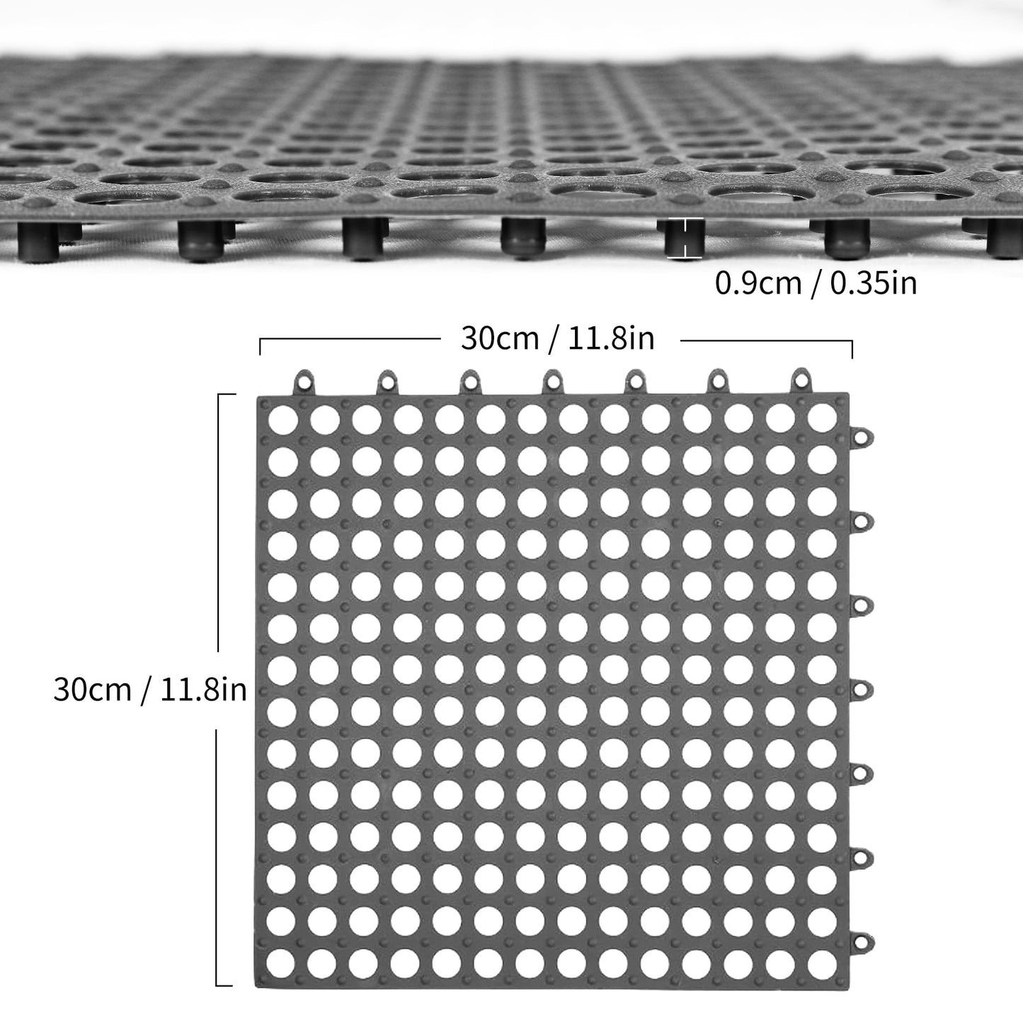 12 Pack 12" x 12" Interlocking Floor Tiles with Drain Holes Soft PVC Non Slip Shower Floor Mat Modular Interlocking Cushion Mat for Drain, Deck, Pool, Flower Garden,Patio, Poultry, Floor Grid,Grey