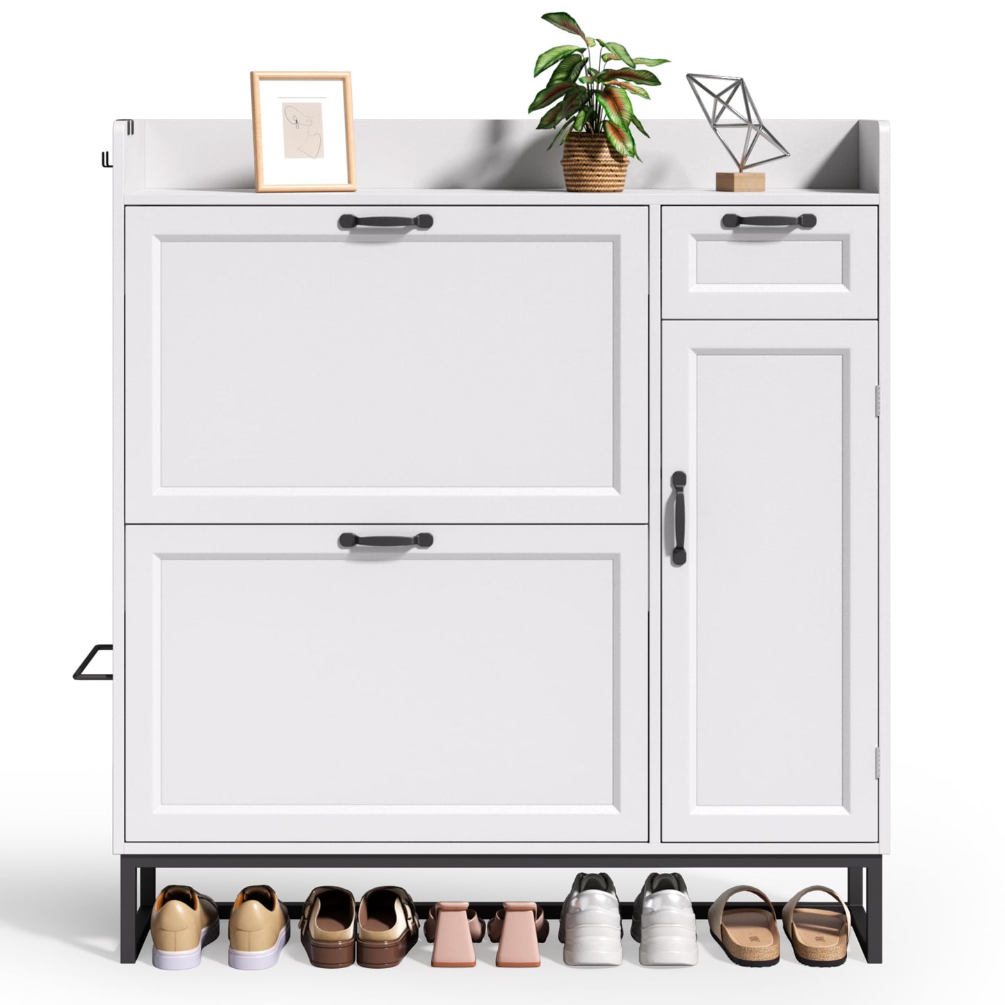 Ahomly 42" White Shoe Cabinet - 2 Flip Drawers (Adjustable), Side Cabinet, Storage Drawer & Open Top - Side Hooks for Shoes & Accessories - Space-Saving Entryway/Hallway Organizer
