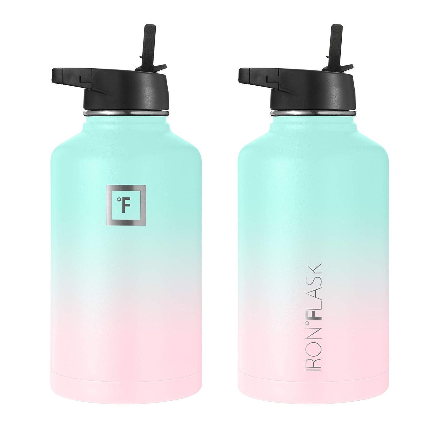 IRON °FLASK Camping & Hiking Hydration Flask, Wide Mouth, 3 Straw Lids, Stainless Steel Outdoor Water Bottle, Double Walled, Insulated Thermos, Metal Canteen - Bubble Gum, 64 Oz