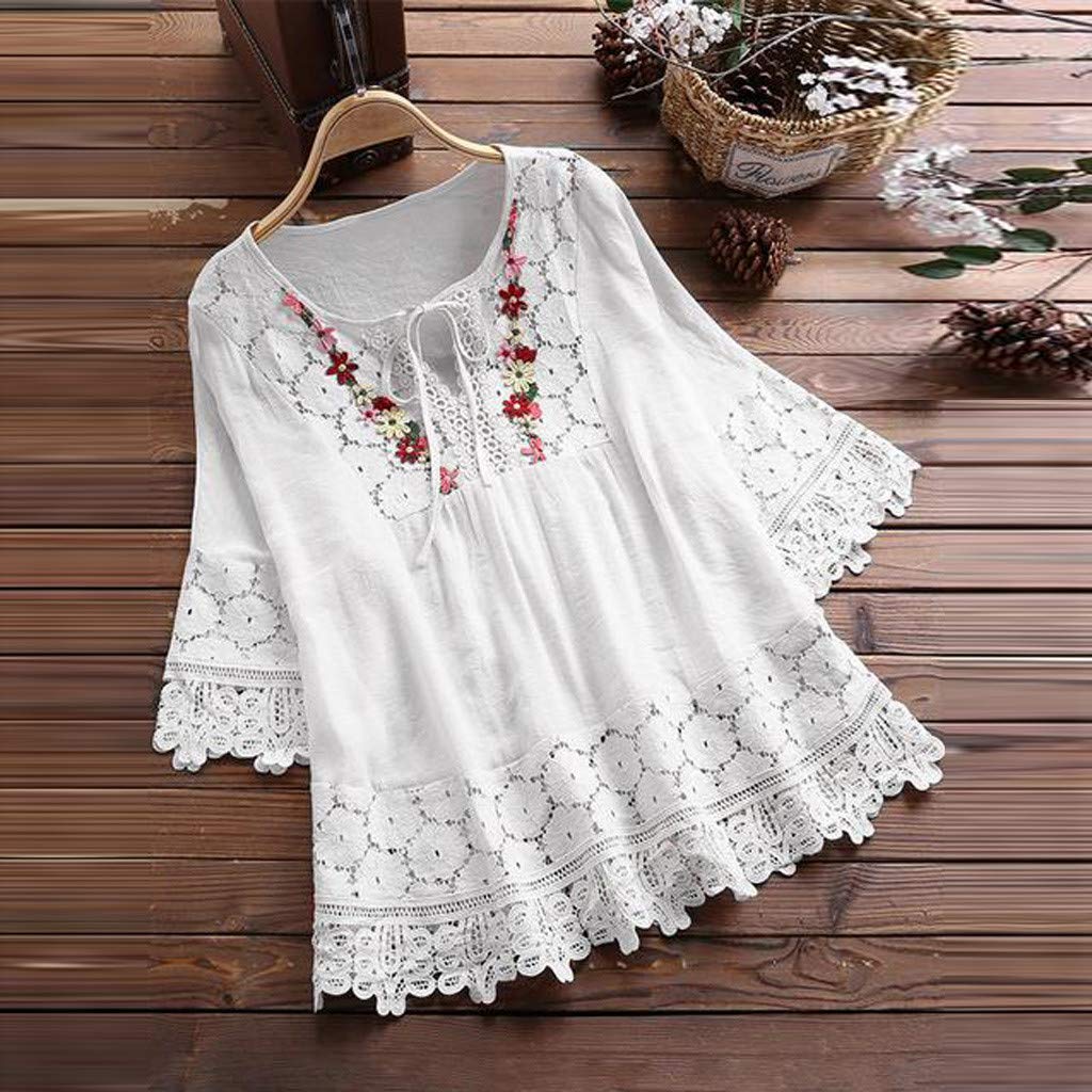 Aniywn Women Round Neck Lace Up Lace Patchwork Flare Pullover Top Casual Plus Size 3/4 Sleeve Floral Printed T-Shirt White
