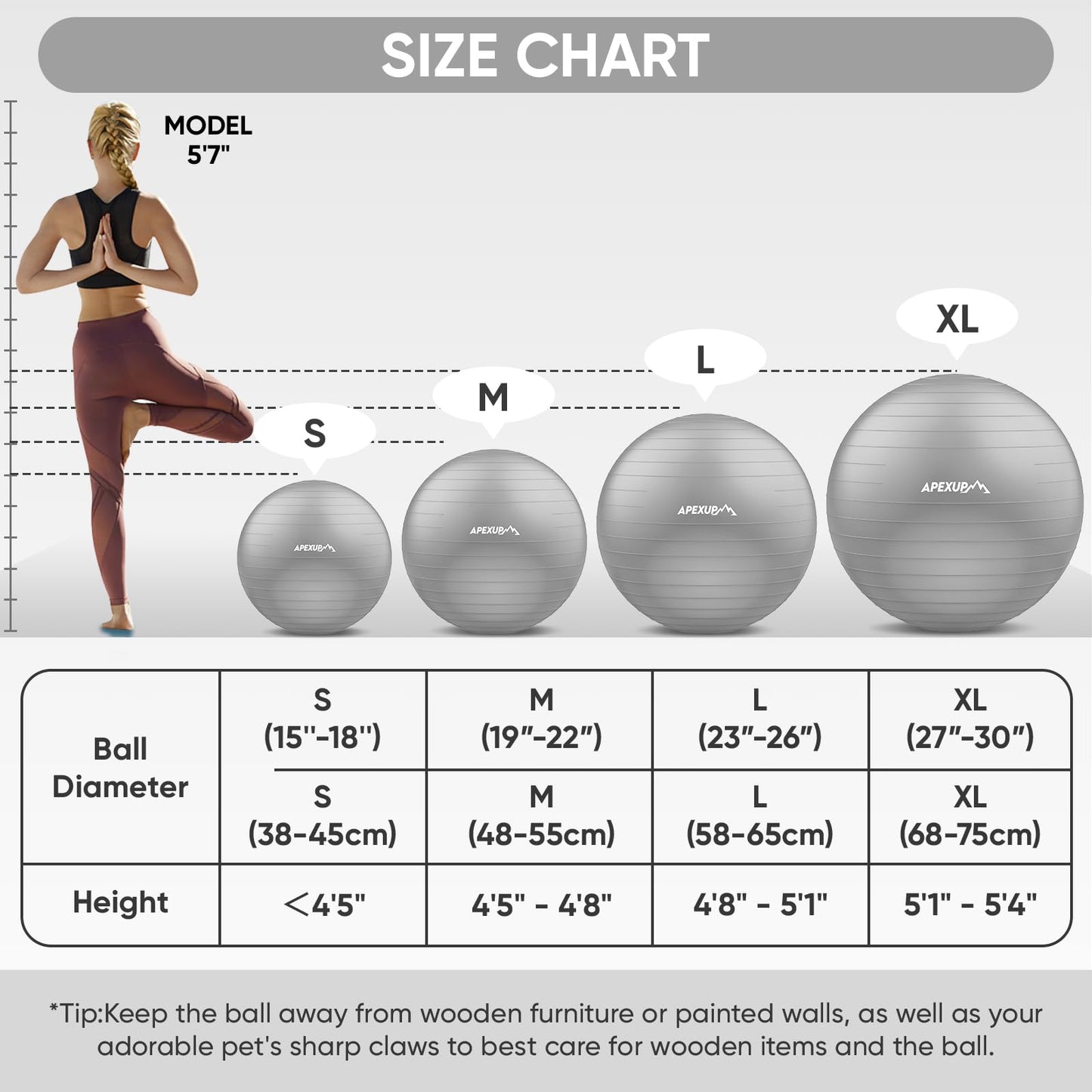 APEXUP Yoga Ball Exercise Ball, Anti Slip Stability Ball Chair, Heavy Duty Large Gym Ball for Fitness, Balance, Core Workout and Physical Therapy (S (15"~18") 45cm, Silver)