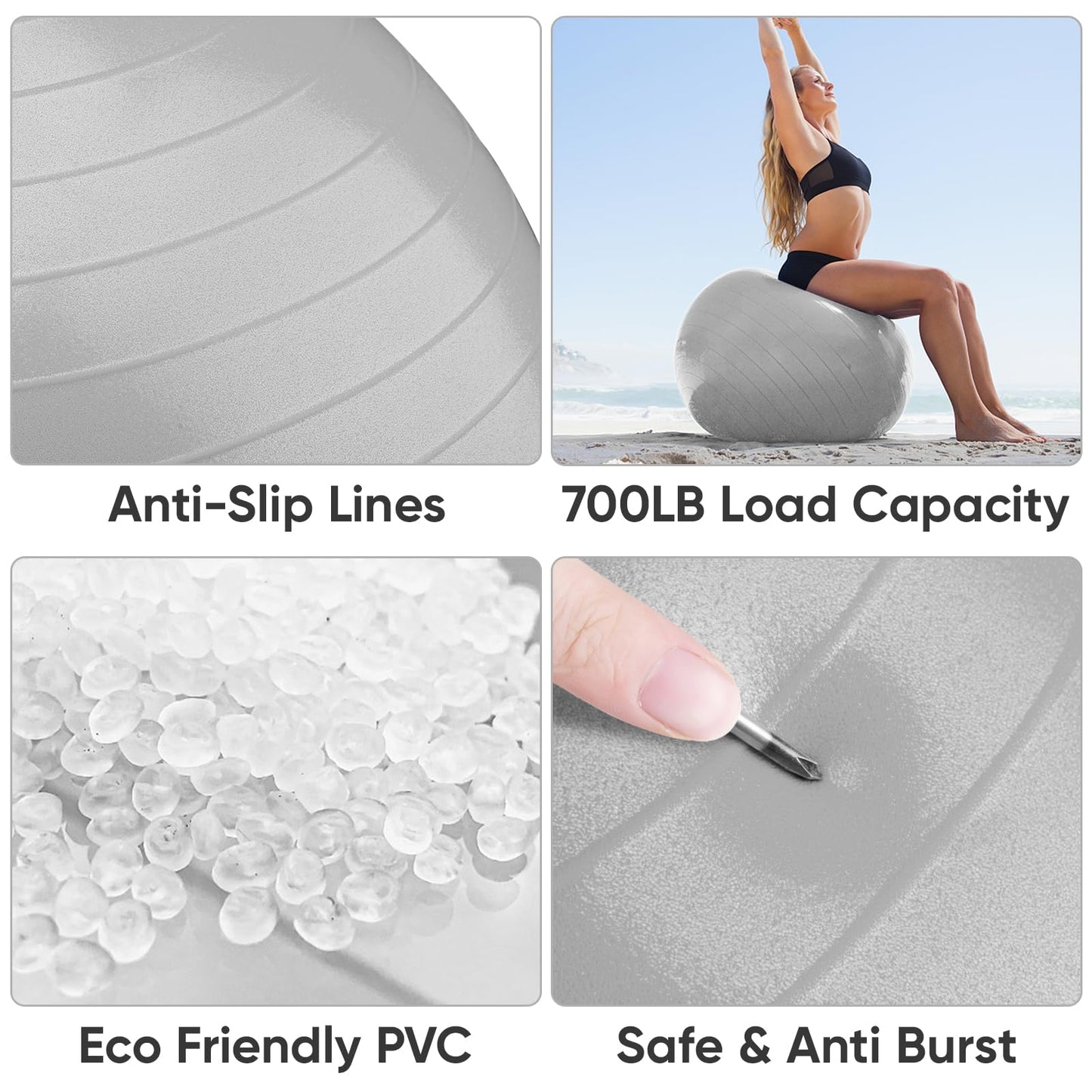 APEXUP Yoga Ball Exercise Ball, Anti Slip Stability Ball Chair, Heavy Duty Large Gym Ball for Fitness, Balance, Core Workout and Physical Therapy (S (15"~18") 45cm, Silver)
