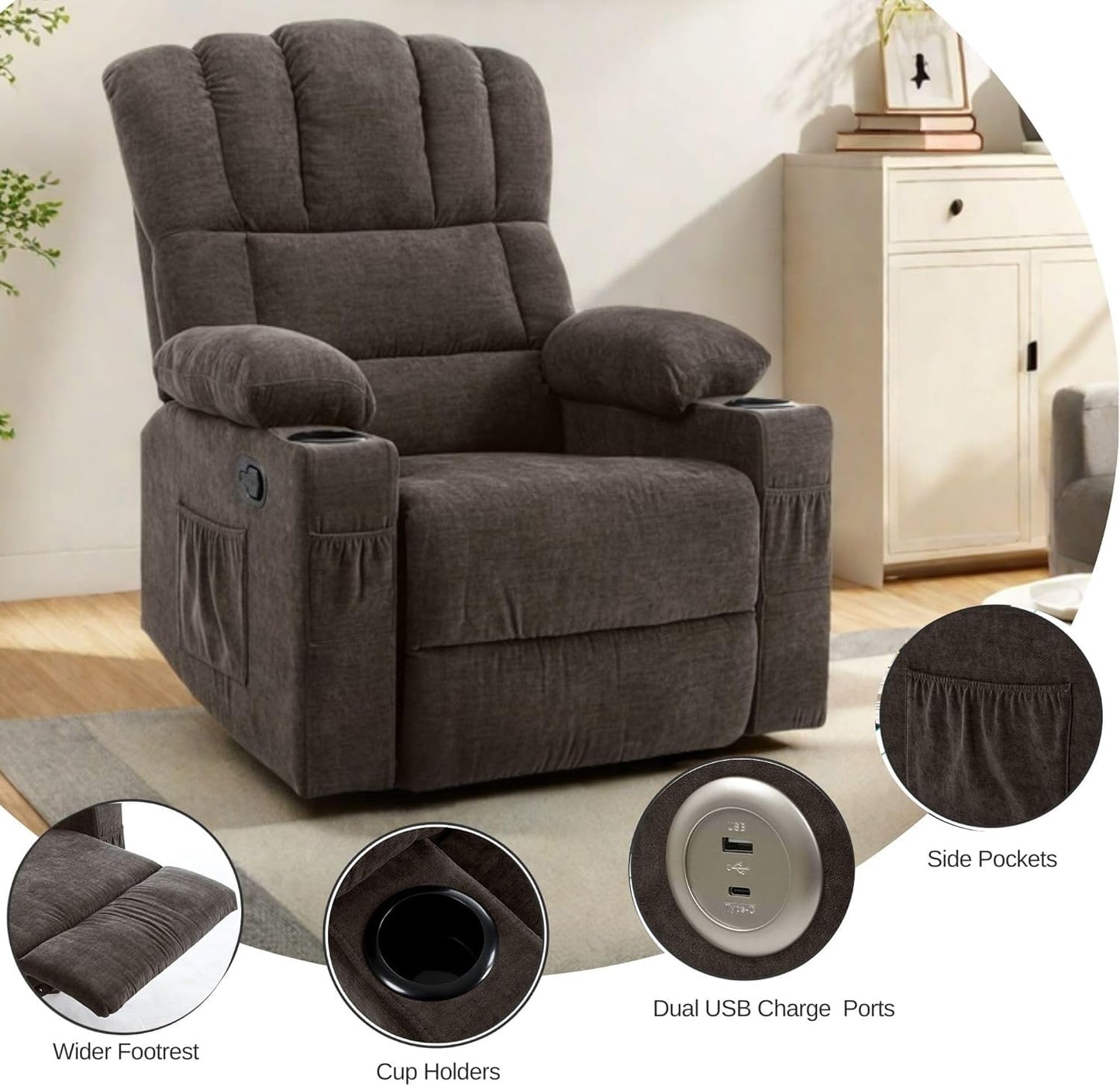 YITAHOME Glider Rocker Recliner Chair with Massage & Heat, 160° Manual Rocking Recliner Chair with USB Ports, Cup Holders & Side Pockets, Fabric Reclining for Elderly, Brown