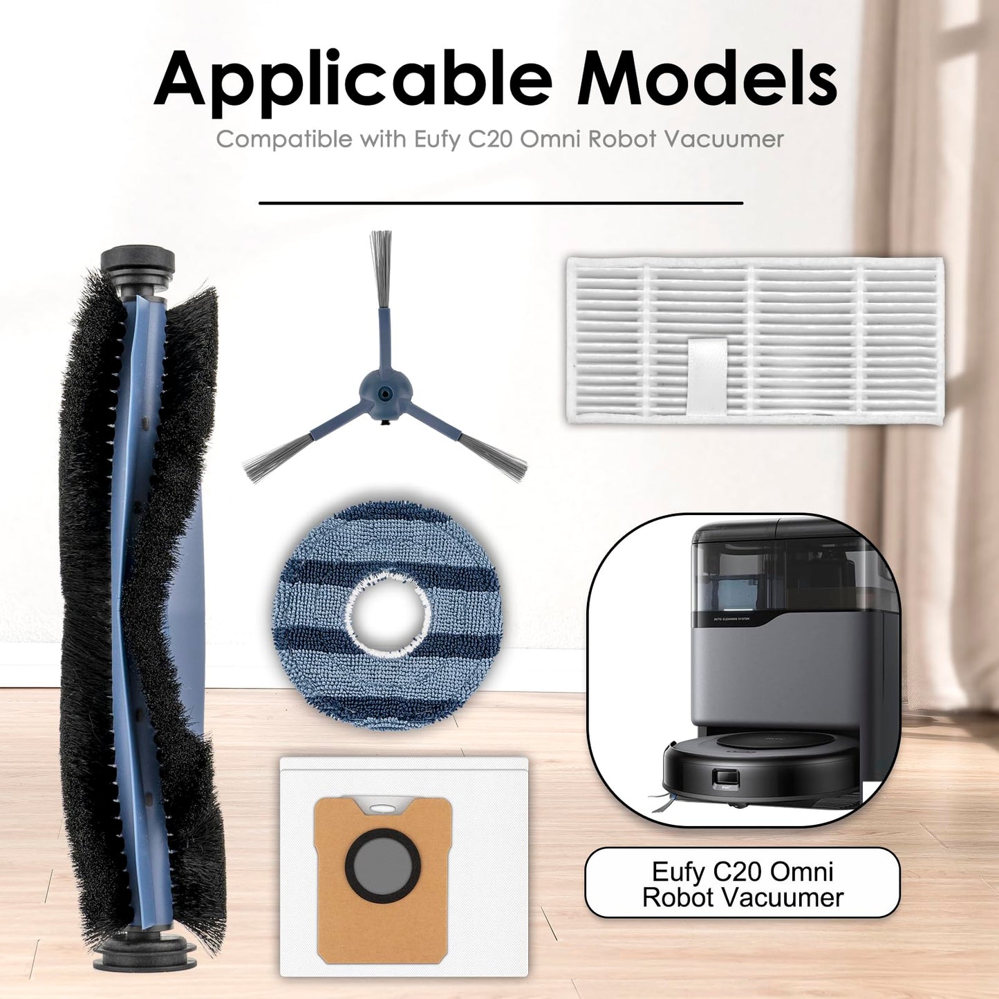 (30 Pack) C20 Omni Replacement Parts Compatible with Eufy C20 Omni Robot Vacuum, 2 Roller Brush, 8 Side Brushes, 7 HEPA Filters, 7 Dust Bags, 6 Mop Pads, Vacuum Attachments Accessories Kit