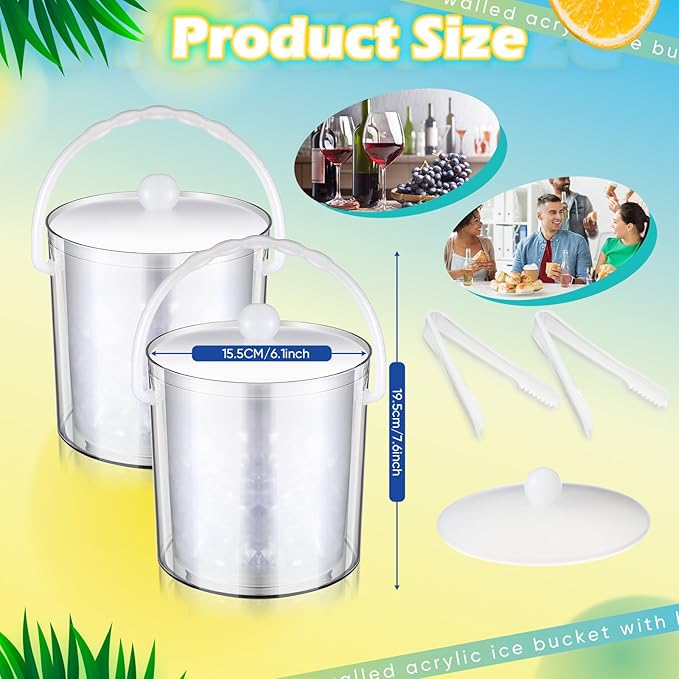Baderke 4 Pcs Ice Bucket for Parties Double Wall Acrylic Ice Buckets with Lid Clear Wine Bucket with Tongs Drink Champagne Cooler Portable Ice Container Bottles for Home Bar Chilling Beer Beverage