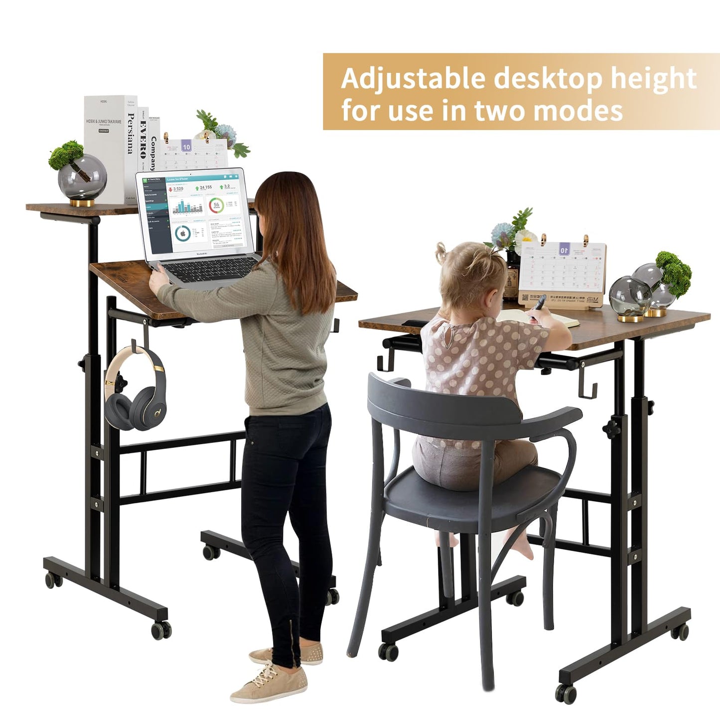SIDUCAL Mobile Standing Desk, Portable Stand Up Desk, Small Adjustable Converter with Wheels Home Office Workstation, Rolling Laptop Cart for Sitting, Rustic Brown