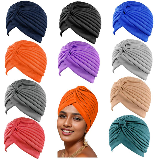 10 PCS Stretchy Turban Caps for Women, Chemo Head Wraps, Cancer Headwear, Twisted India Hats, Assorted Colors