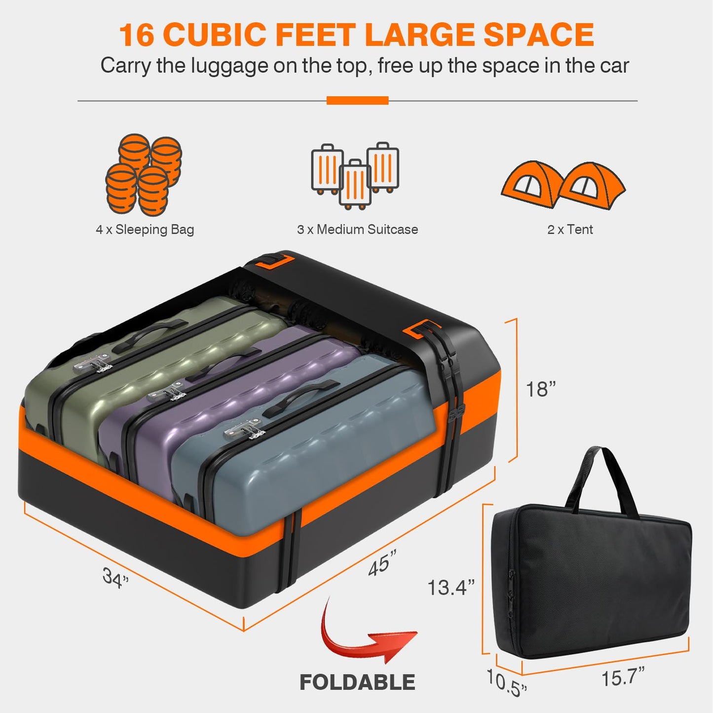 APTY Car Rooftop Cargo Bag Carrier, 16 Cubic Feet Soft Roof Top Luggage Bag for All Vechicles with/Without Racks - with Waterproof Zip, Luggage Lock, Anti-Slip Mat, Door Hooks, Storage Bag