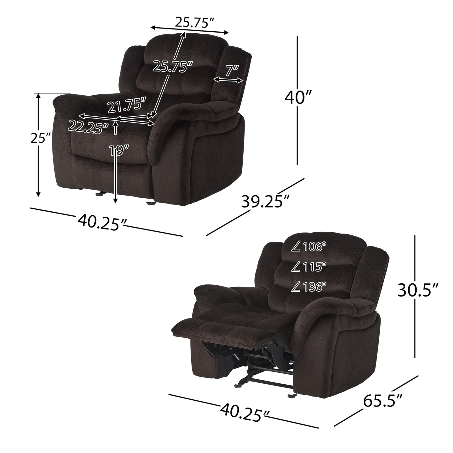 Oversized Recliner Chair, Glider Recliner Nursery Chair, Manual Recliner Chairs for Adults, Brown Fabric Recliner Sofa with Retractable Footrest & Tufted Design, Large Recliner Chair for Bedroom