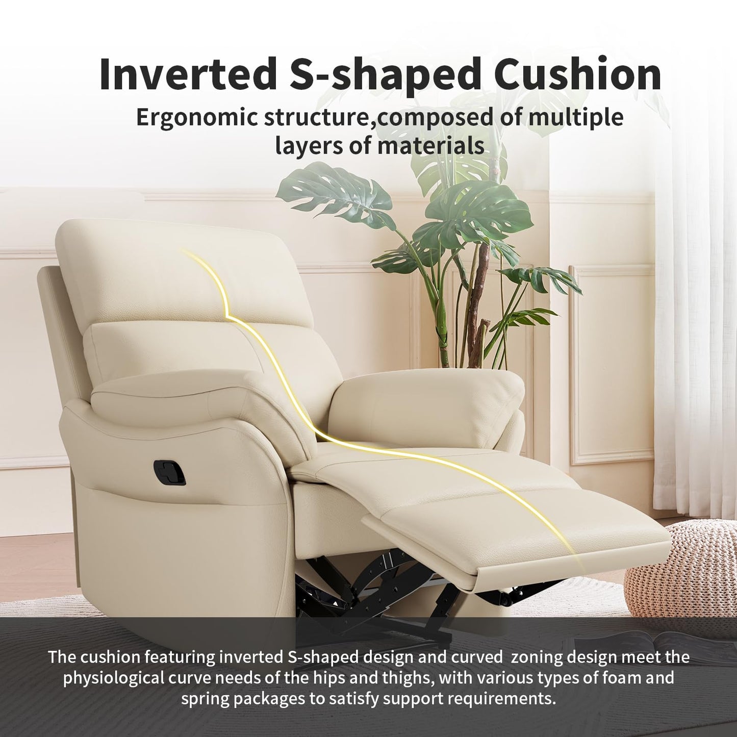 AIRSKY Genuine Leather Recliner Chair, Top Grain Leather, Italian Water-Washing Process, Recliner Chairs for Adults, for Living Room, Theater Seating, Bedroom. R1, Beige